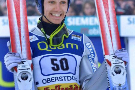 SVEN HANNAWALD German ski jumper Sven Hannawald celebrates after his final jump at the first station of the Four Hill ski jumping tournament in Oberstdorf, southern Germany, on Sunday, Dec. 30, 2001. Hannawald won the first competition in Oberstdorf (AP Photo/Christof Stache)